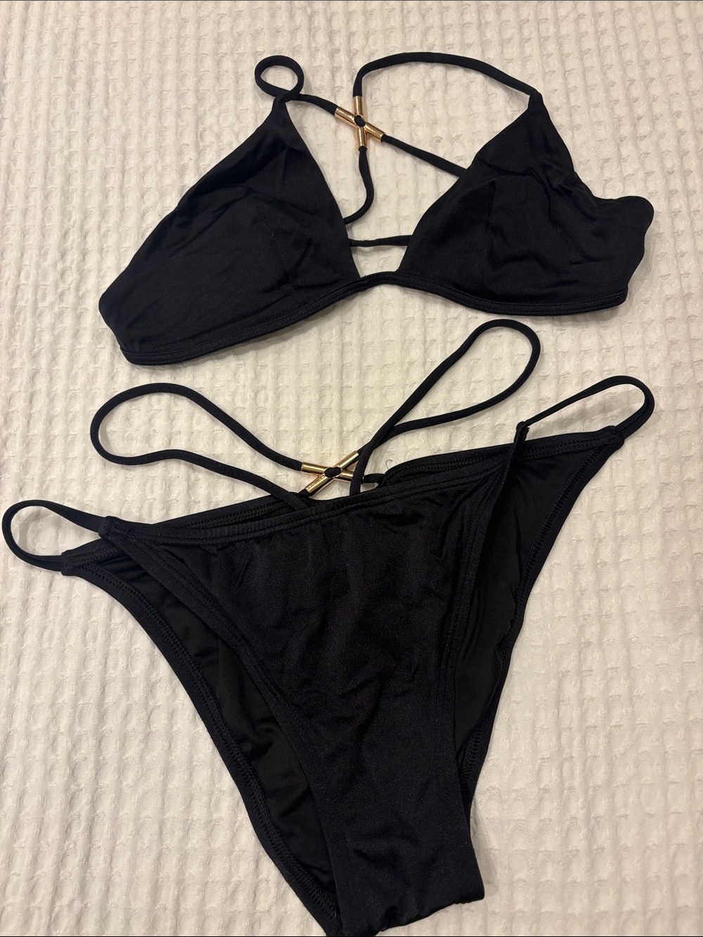 Victoria's Secret Black Strappy Bikini with Gold Accents